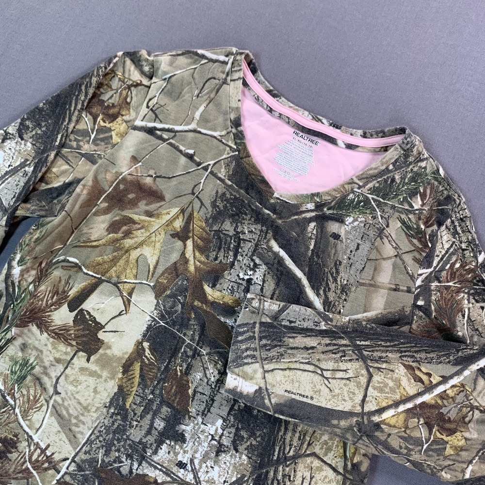 Realtree‎ Shirt Juniors XL 16-18 Brown Camo Long Sleeve V Neck Hunting Tee